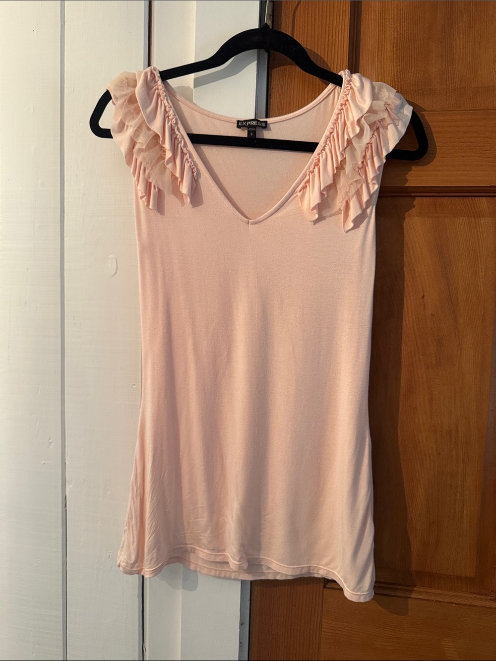 Express Light Pink Ruffle Shoulder V-Neck Tank Top